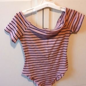 One peice, striped shirt, off shoulder